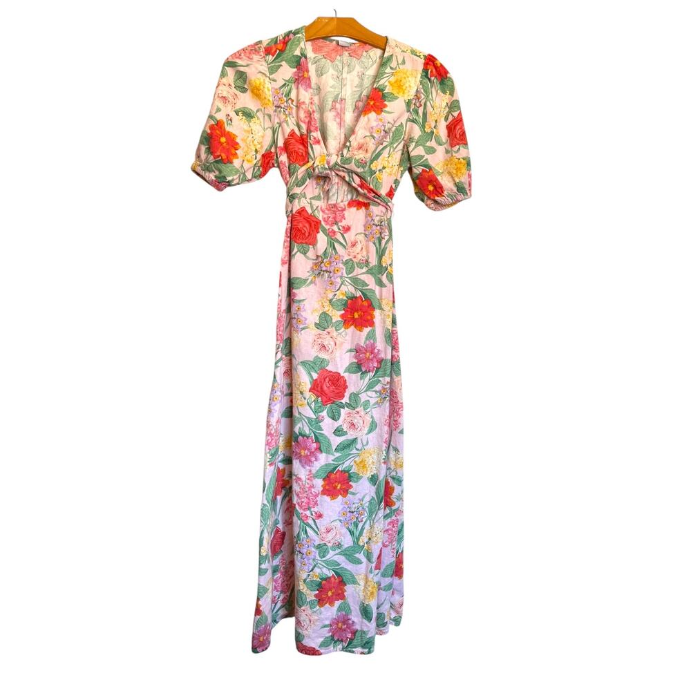 Old Navy Twist Front Maxi Dress Puff Sleeve Pink Floral Print Prairie Peasant XS